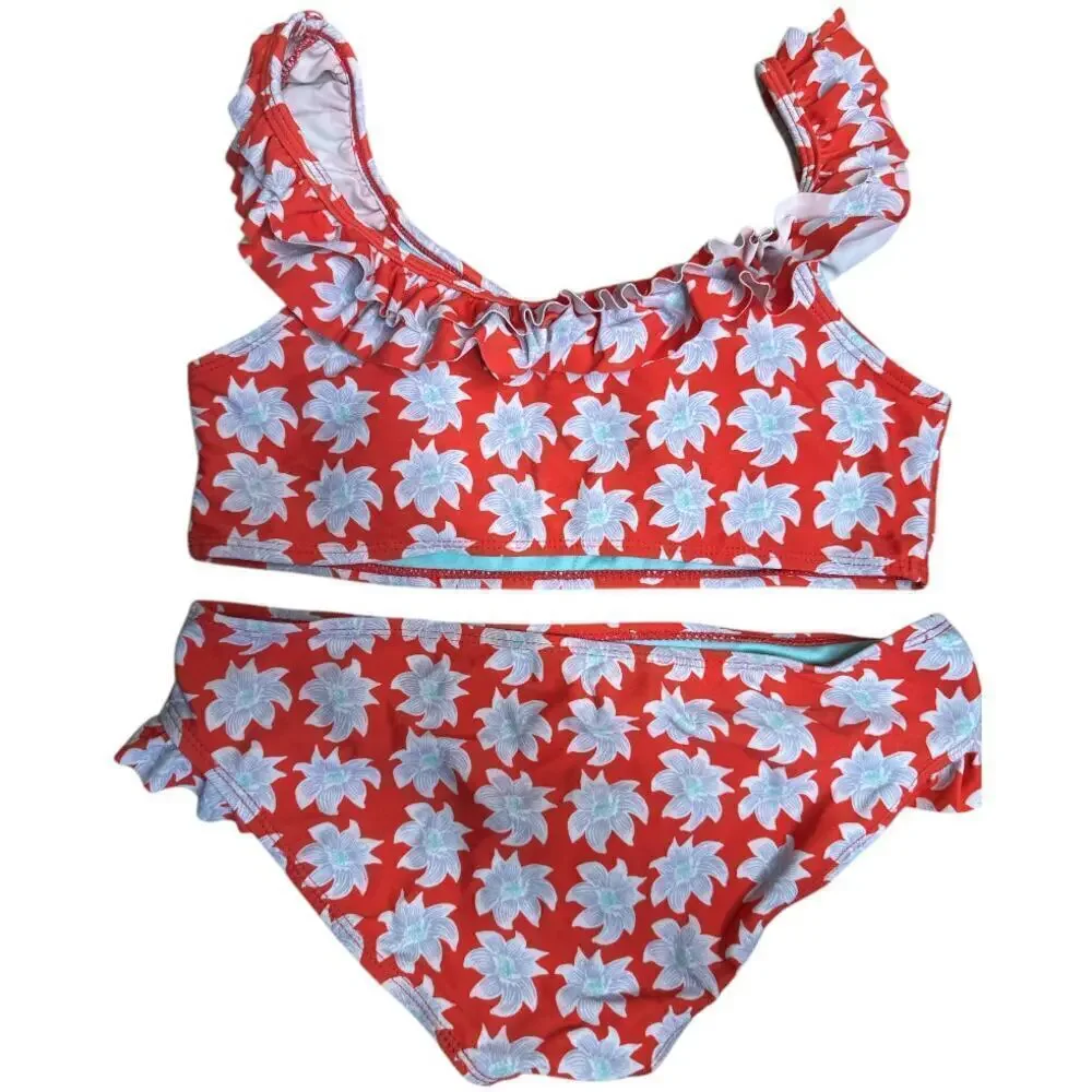 Raisins Girls Coral Blue Floral Print 2 PC Bikini Swimwear GIrls Size 14